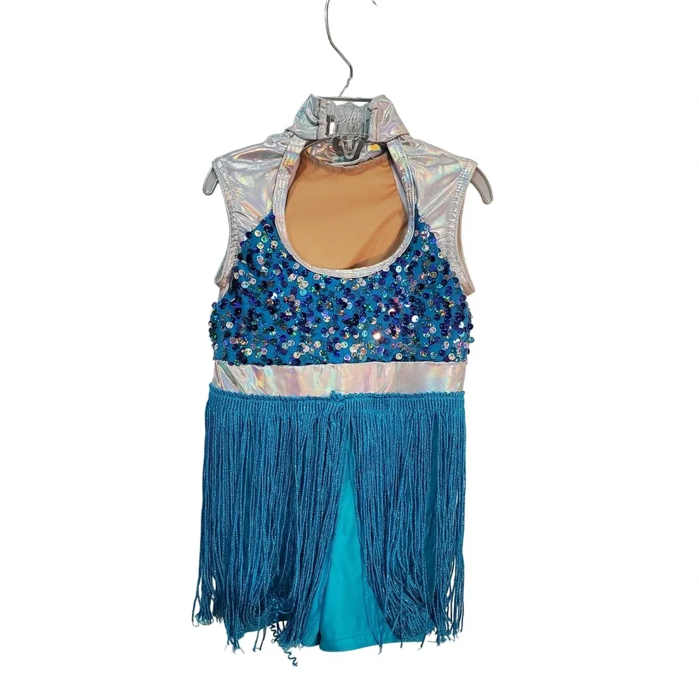 A Wish Come True‎ Sequin Fringe Dance Costume Iridescent Silver Blue Kids Sz XSC